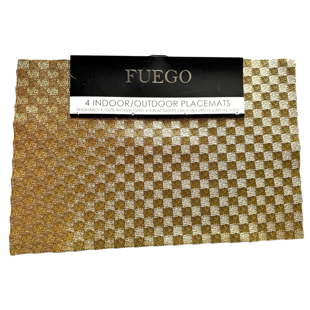 Fuego Squares Metallic Gold Woven Vinyl Placemats 12x18 Set of 4 Wipe Clean